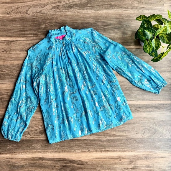 Lilly Pulitzer Galiana Ocean Breeze Multi Flora Metallic Clip Silk Blouse Size S - Picture 2 of 14